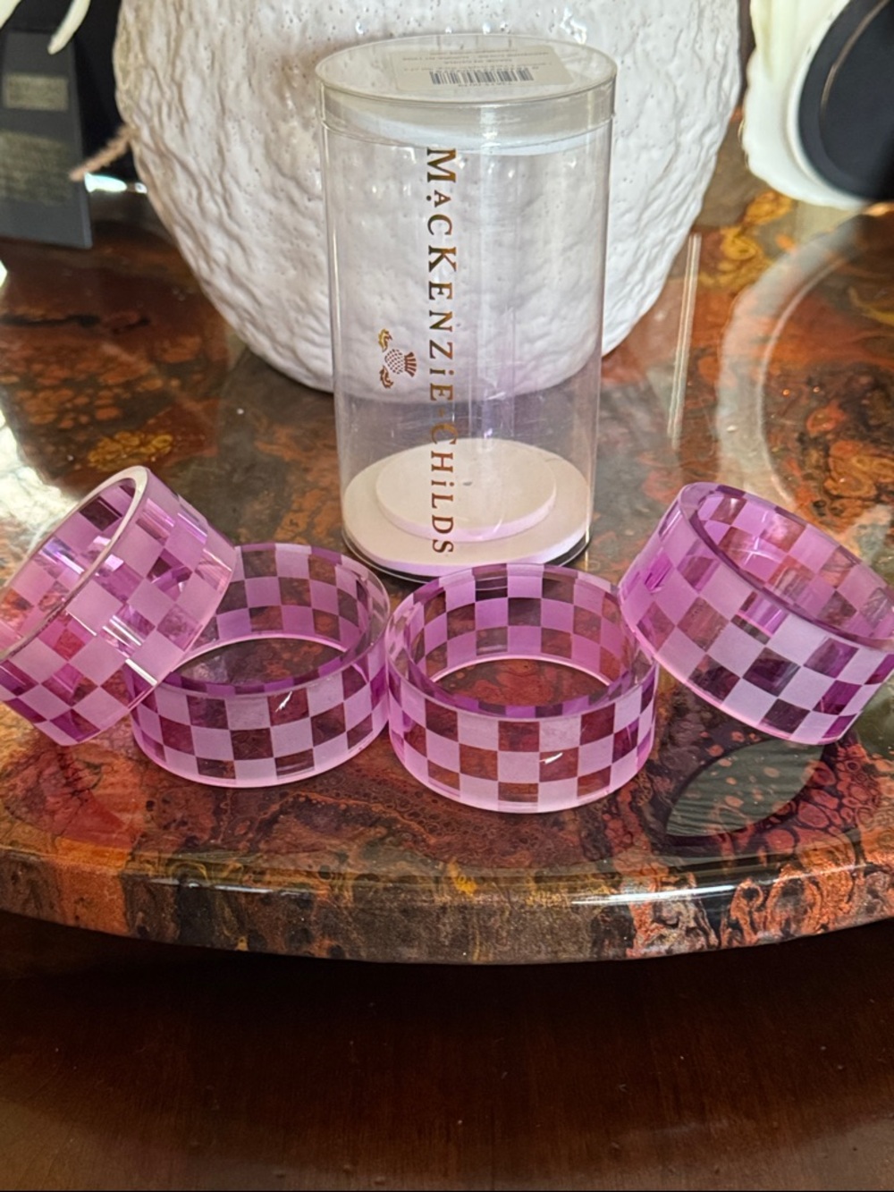 MacKenzie-Childs Lavender Check Glass Napkin Rings - Set of 4